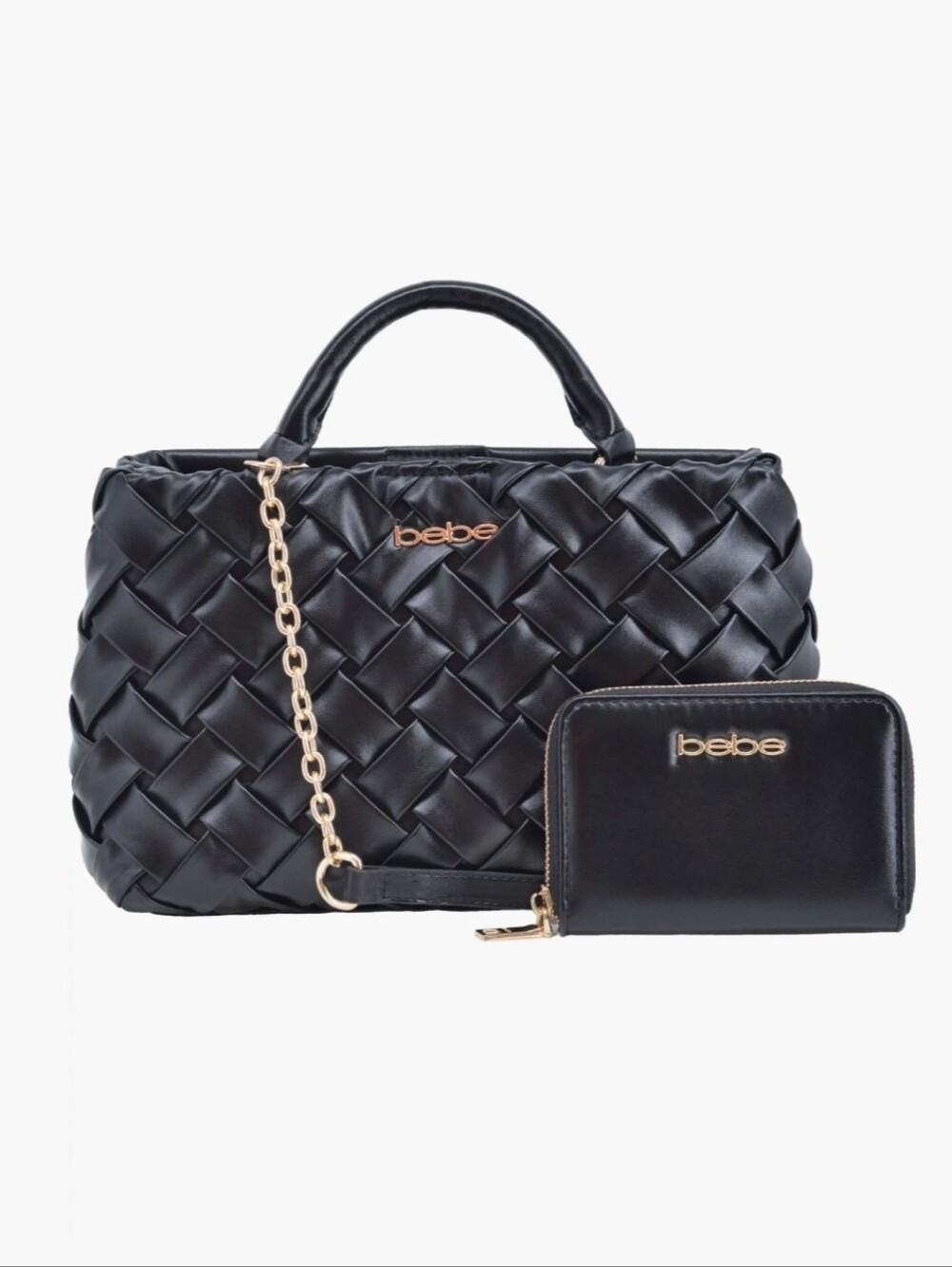 bebe Black Woven Luca Satchel with Gold Logo and Zip Wallet